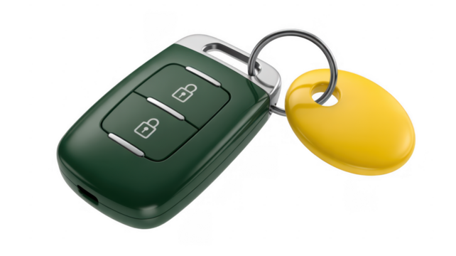 Car Key Fob with Yellow Tag green key fob isolated on a transparent background - Powered by Adobe