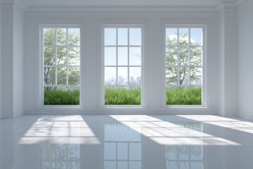 Fototapeta premium Bright, minimalist white room with three tall windows, sunlight, and a cityscape view