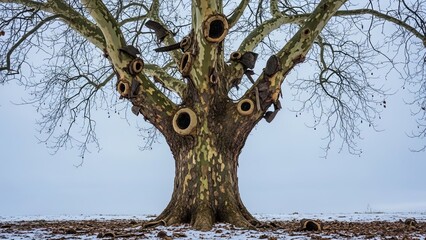 Tree with Birdhouses in Winter Landscape.