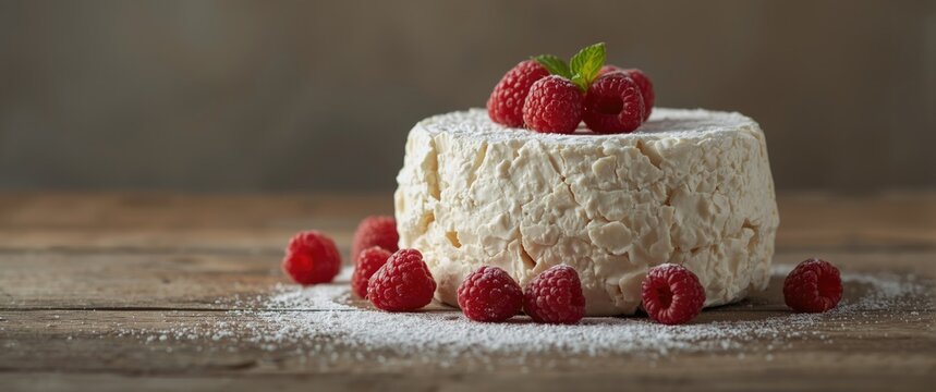 Crumbly French Langres cheese made from soft cows' milk with washed rind in Champagne - Ardenne, served with raspberry
