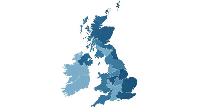 UK map in varying shades of blue for educational visualization  