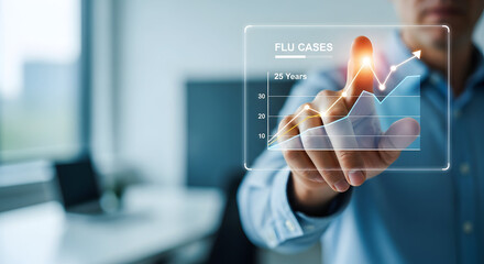 Businessman analyzing financial data on a futuristic holographic touch screen interface.