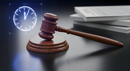 Judges gavel with a glowing clock symbolizing legal deadlines and the urgency of justice.