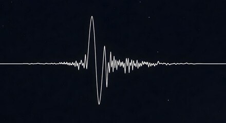 Minimalist white sound wave or earthquake seismogram on a dark background.