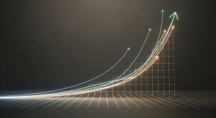 Digital financial graph with rising arrows symbolizing economic progress and market success.