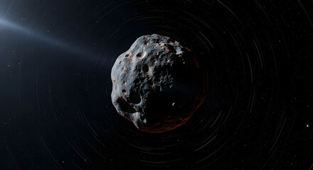 A large pockmarked asteroid drifts through the dark cosmos with a cinematic lens flare.