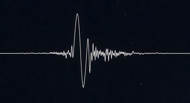 Minimalist white sound wave or earthquake seismogram on a dark background.