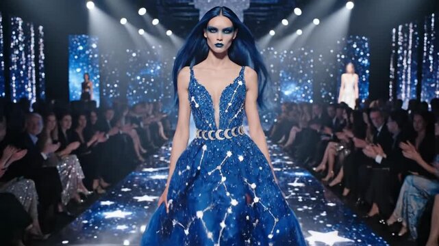 Stunning Celestial Fashion Show with Model in Starry Blue Gown on Runway.