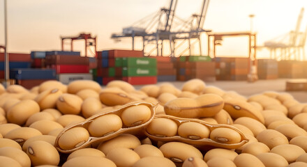 Pile of harvested soybeans at a commercial dock for international shipping.