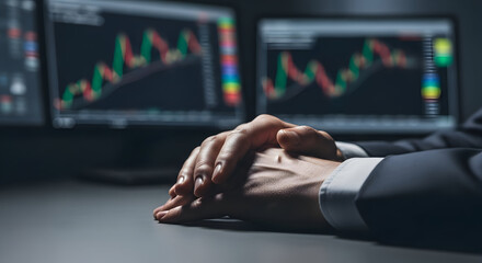 Traders hands clasped while monitoring financial charts and stock market data on multiple computer screens.