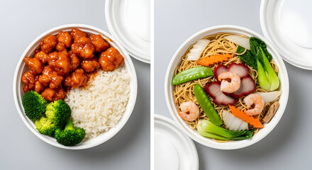 Two Chinese takeout food bowls with General Tsos chicken and combination noodle soup.