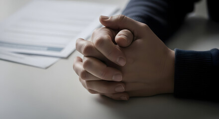 Tense and anxious man with clasped hands sitting at a table during a difficult conversation.