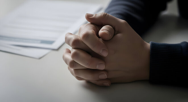 Tense and anxious man with clasped hands sitting at a table during a difficult conversation.