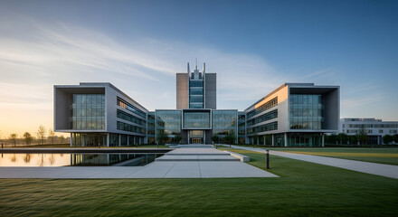 Modern architectural building with a symmetrical design and reflecting pool at sunrise.
