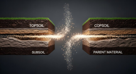 Scientific 3D rendering of soil layers cross section with energy spark.