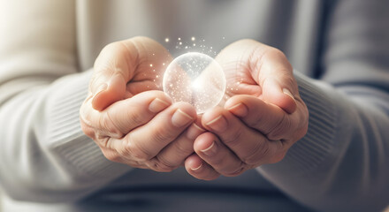Man holding a glowing light bulb in his hands symbolizing creativity and new ideas.