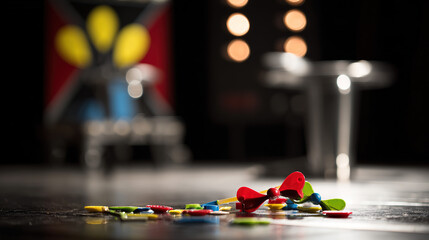 comedy. Circus clown props and colorful toys scattered playfully on a stage floor. event programs, museum guides, designed for cultural heritage projects and event programs.
