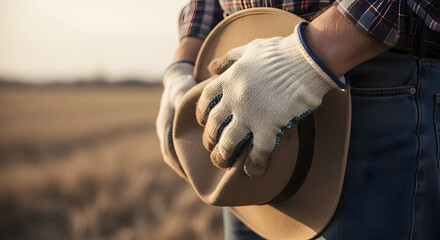 Farmer in plaid shirt and work gloves holding his cowboy hat in a rural field.