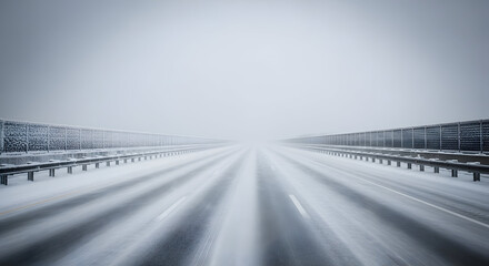 Driving on a snowy highway during a winter blizzard with low visibility.