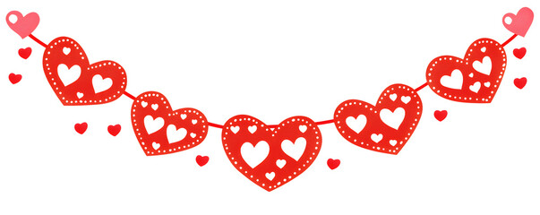 Garland of red hearts isolated on transparent background. Valentine's Day, birthday, wedding, anniversary, party concept banner with copy space. 