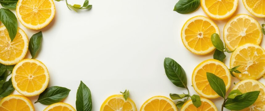 Fresh lemon slices with leaves on white background and blank area for text