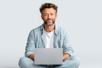 A smiling man in casual attire sits cross-legged with a laptop, exuding a relaxed and approachable vibe in a minimalistic setting.