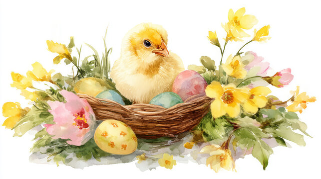 A fluffy yellow chick sits in a nest with colorful Easter eggs, surrounded by bright yellow and pink spring flowers in a beautiful watercolor illustration. Generative AI