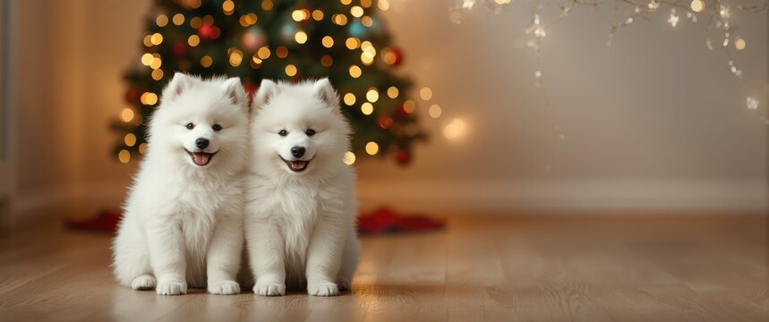 Samoyed puppies next to a festive Christmas tree