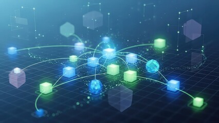 Glowing network nodes connect in a futuristic blue and green digital web on a dark background with hexagons