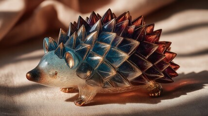 Colorful Glass Hedgehog Figurine on Soft Fabric Background