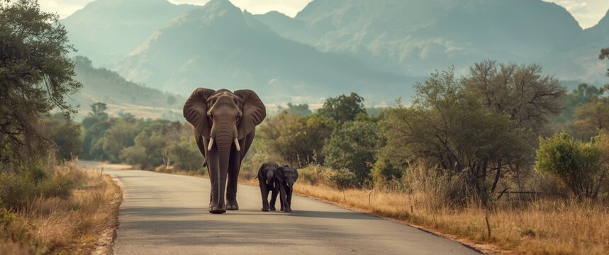 A majestic elephant with two cute baby elephants travels down a village road surrounded by breathtaking natural mountains, capturing a beautiful and touching moment