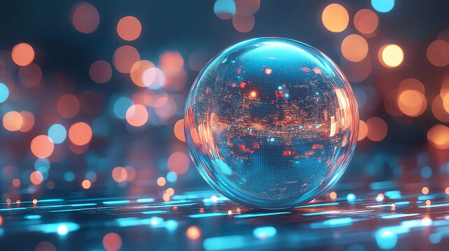 Global hologram sphere anchored to network of aaf c c, glowing digital globe with bokeh light