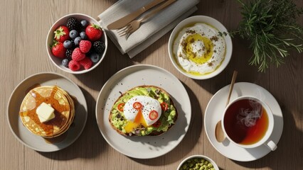 AIzaSyAzSjgftzwTUwsbgCk2T9gFkCxVUcWxqqw A Delicious and Healthy Breakfast Spread with Pancakes, Avocado Toast, and Fruit