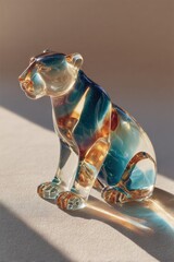Colorful Glass Sculpture of a Sitting Tiger Captured in Soft Light
