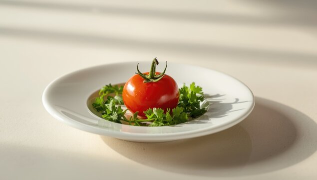 Red tomato and green pasley vegetable on a white dish, highlighting raw ingredients for healthy cooking