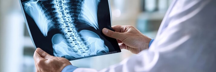 A medical professional examines an X-ray image of the spine, highlighting the importance of diagnostic imaging in healthcare.