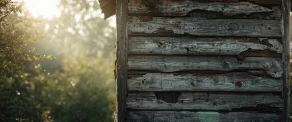 Weathered wooden construction showing peeling paint and erosion, under sun and wind