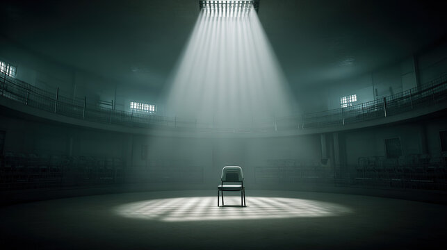 rehearsal. Empty theater rehearsal hall with a single spotlight on a central chair casting dramatic shadows. real-estate listings.
