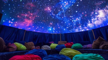 Indoor planetarium features a circular seating area with colorful bean bags and a vibrant starry sky projection on the ceiling creating an immersive atmosphere