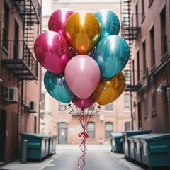 Vibrant balloons in an urban alleyway