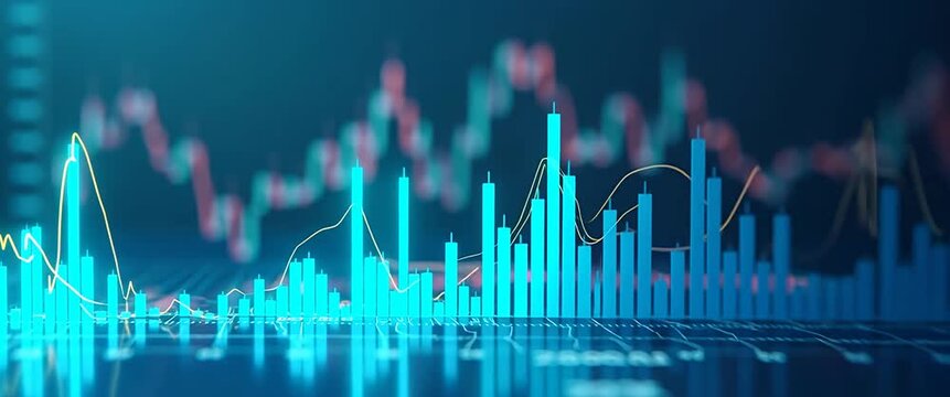 Dynamic stock market charts in motion, as the camera slowly pans across a vibrant financial graph, glowing lines fluctuate in a cinematic, finance-themed visual display.