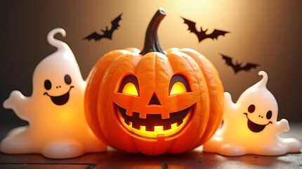 Lit jack-o'-lantern with ghosts