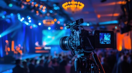 A professional camera captures a vibrant event scene illuminated by colorful lights, showcasing a dynamic atmosphere with an audience in the background.