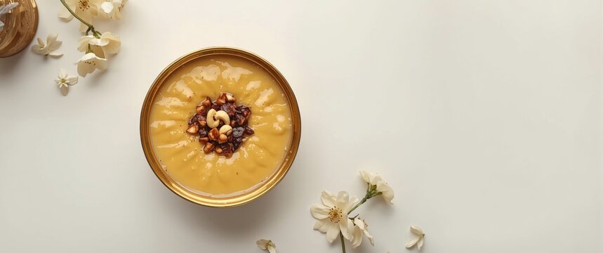 Flat lay of Seviyan payasam in a brass uruli with nuts, white background, festival sweet dessert, creamy paayasam image