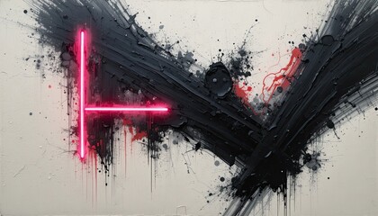 Vibrant neon cross on abstract art background with dynamic black splatters