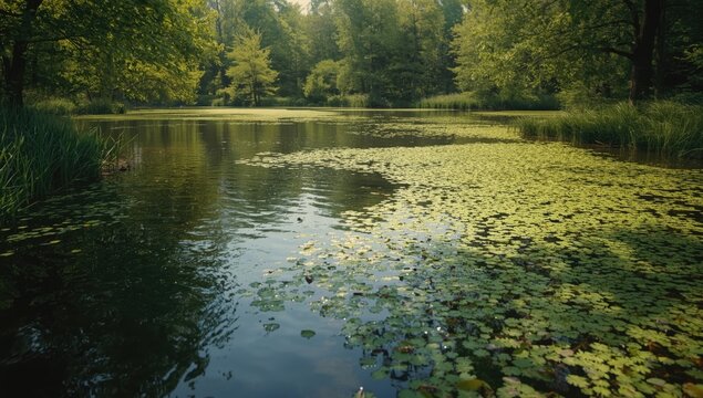 Lemna minor on calm water, used as a natural water purifier in ecological studies, World Water Day