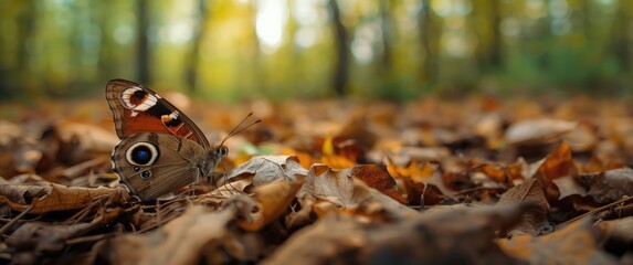 Dry leaves with a peacock's eye butterfly perched on them