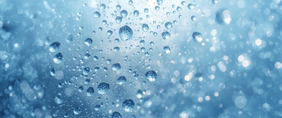 Fototapeta premium Water drops from morning dew and post-rain condensation on glass - detailed close-up with a stunning background for text