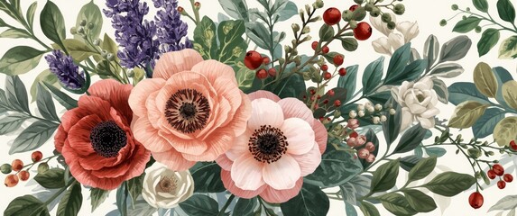 Elegant vector floral card with garden flowers including lavender, pink peach Rose, white Anemone, wax green Eucalyptus, thyme leaves, berries, and greenery in a forest bouquet style