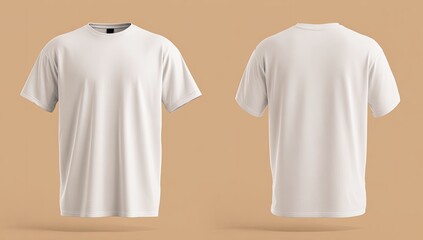 Front and back view of a plain white, short-sleeved, crew-neck t-shirt on a warm brown background